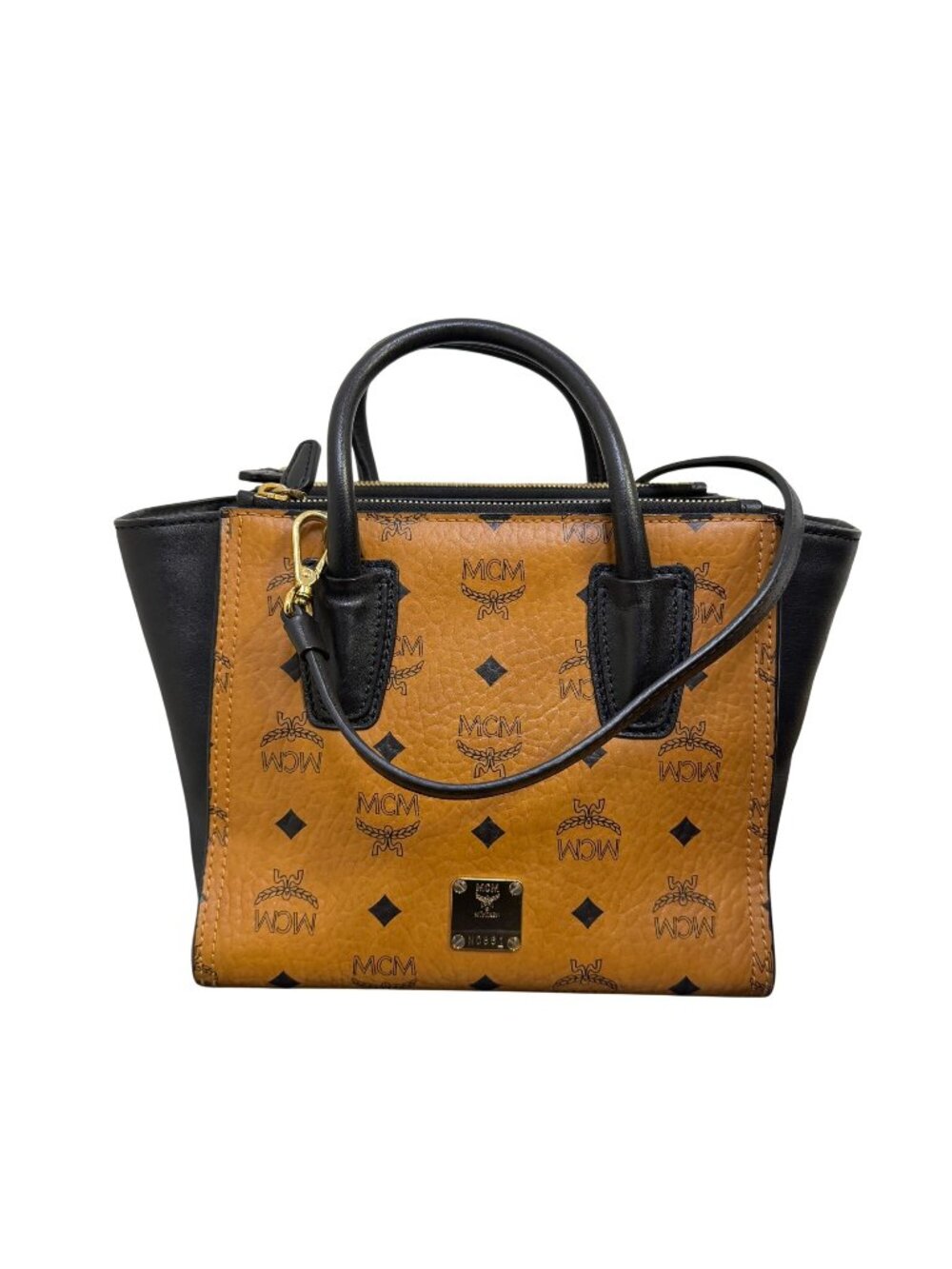 MCM Visetos Mini Tote Handbag Tan/Black Adjustable Crossbody Strap